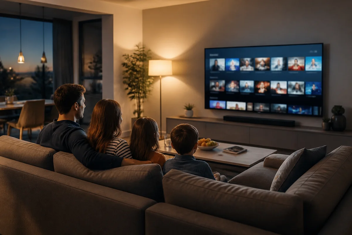 семья смотрит iptv на большом экране